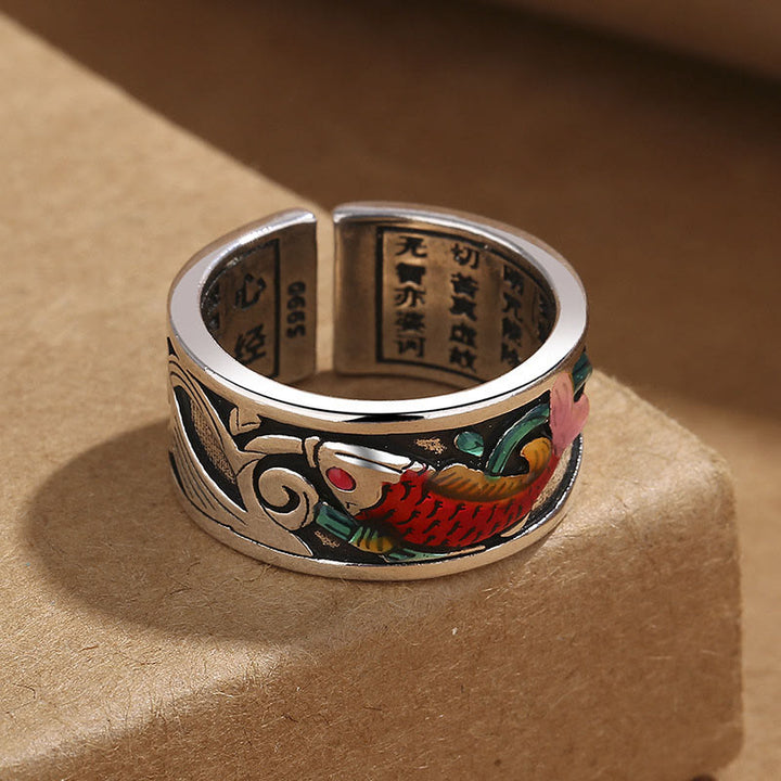 Anello di successo del Sutra del cuore del pesce koi in smalto blu Buddha Stones