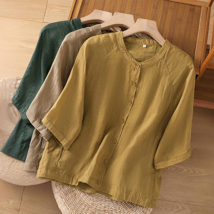 Camicia da donna in cotone e lino con maniche a tre quarti e tasche Buddha Stones Daily - image 28