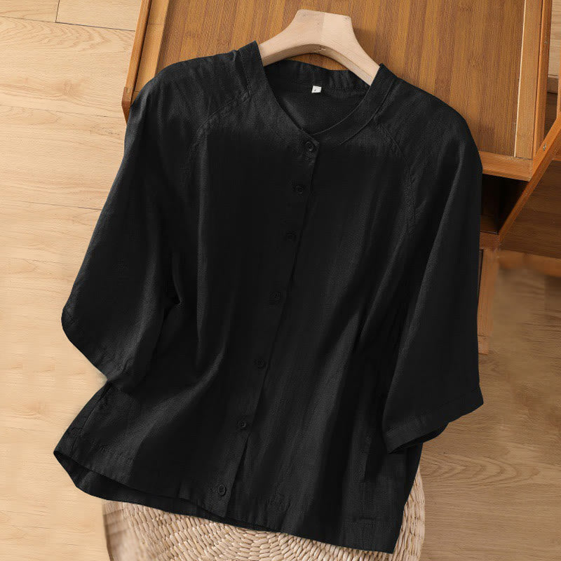 Camicia da donna in cotone e lino con maniche a tre quarti e tasche Buddha Stones Daily - Nero - US14, UK/AU18, EU46 (2XL) - image 8