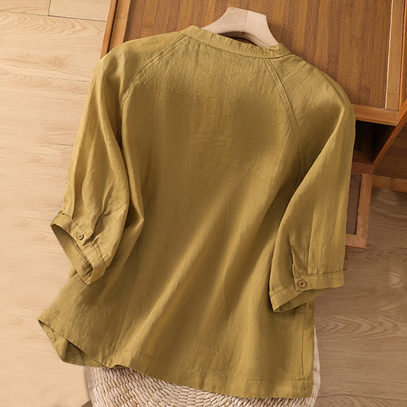 Camicia da donna in cotone e lino con maniche a tre quarti e tasche Buddha Stones Daily - image 11