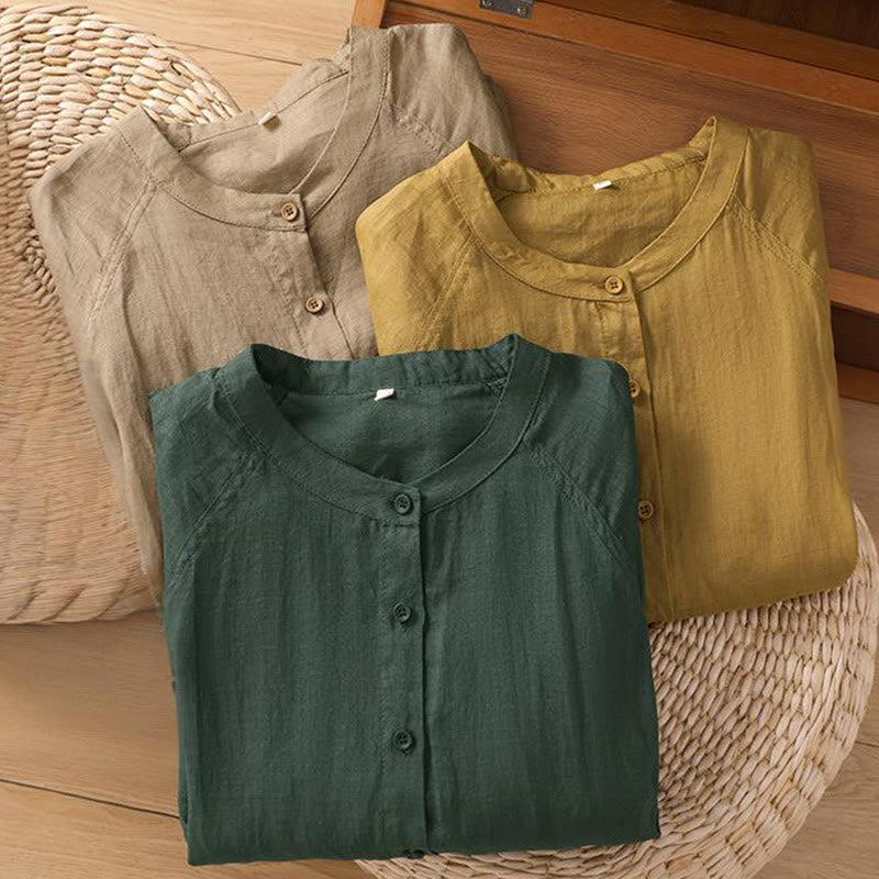 Camicia da donna in cotone e lino con maniche a tre quarti e tasche Buddha Stones Daily - image 29