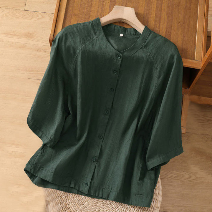 Camicia da donna in cotone e lino con maniche a tre quarti e tasche Buddha Stones Daily - Verde scuro - US14, UK/AU18, EU46 (2XL) - image 20