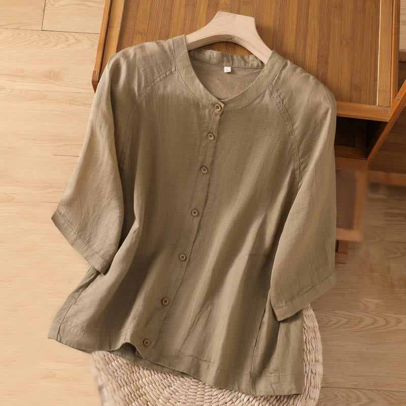 Camicia da donna in cotone e lino con maniche a tre quarti e tasche Buddha Stones Daily - Abbronzatura - US14, UK/AU18, EU46 (2XL) - image 1