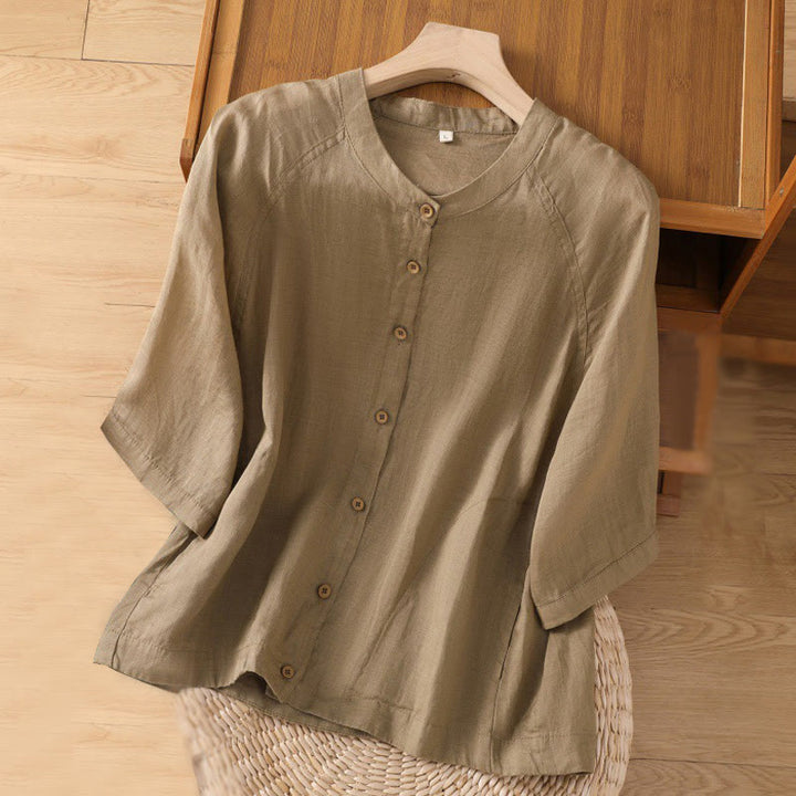 Camicia da donna in cotone e lino con maniche a tre quarti e tasche Buddha Stones Daily - Abbronzatura - US14, UK/AU18, EU46 (2XL) - image 1