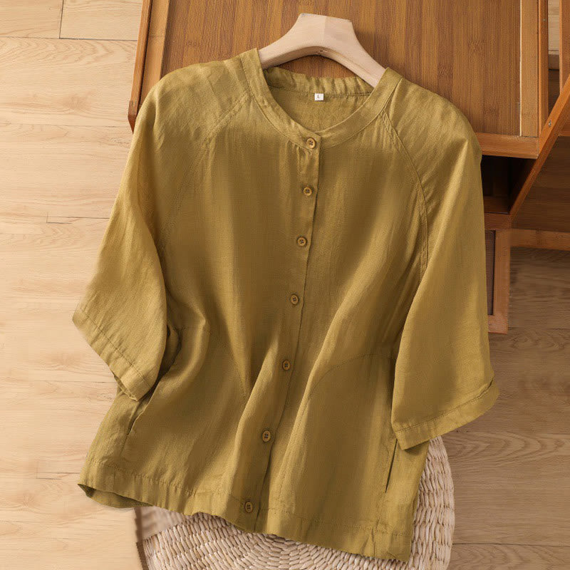 Camicia da donna in cotone e lino con maniche a tre quarti e tasche Buddha Stones Daily - Verga d'oro - US14, UK/AU18, EU46 (2XL) - image 10