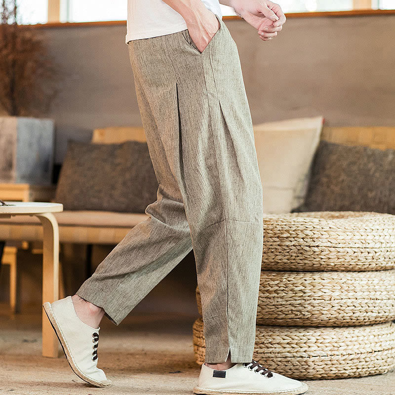 Pantaloni da uomo affusolati in lino tinta unita con coulisse e tasche Buddha Stones - image 2