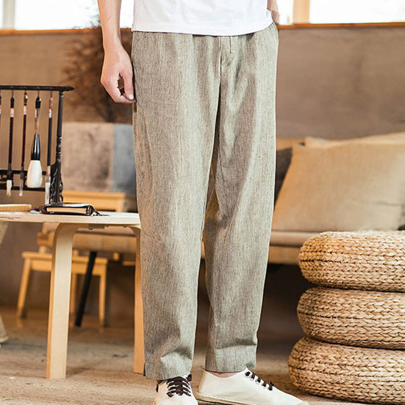 Pantaloni da uomo affusolati in lino tinta unita con coulisse e tasche Buddha Stones - image 6