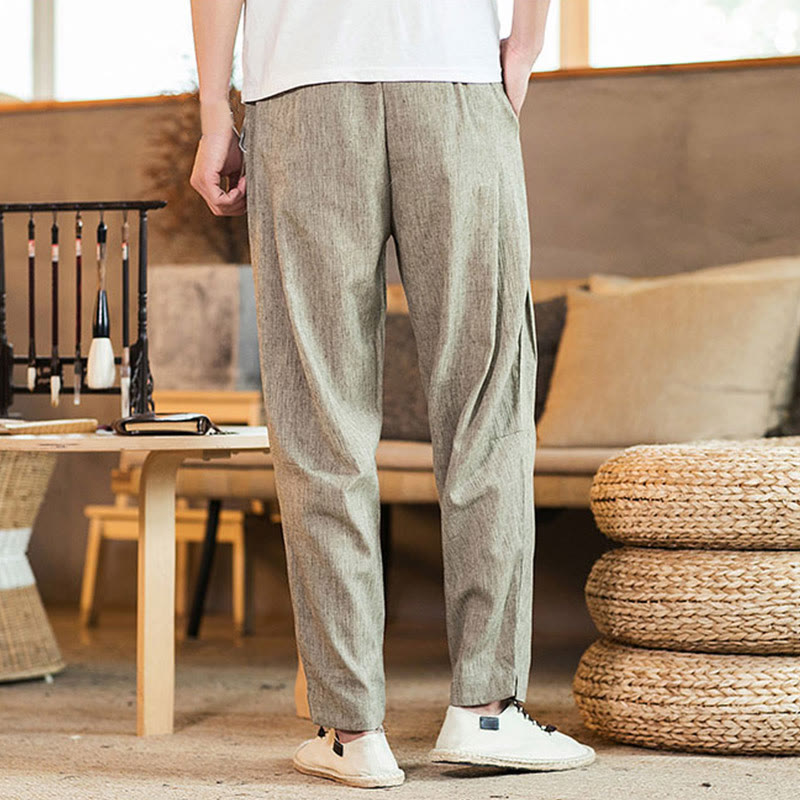 Pantaloni da uomo affusolati in lino tinta unita con coulisse e tasche Buddha Stones - image 5