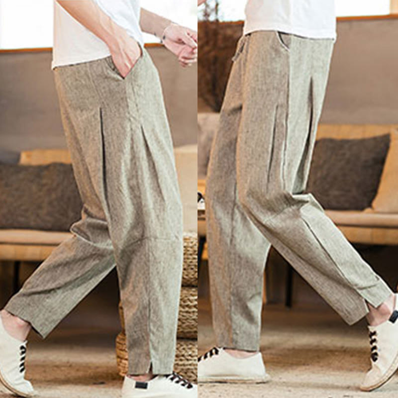 Pantaloni da uomo affusolati in lino tinta unita con coulisse e tasche Buddha Stones - image 10
