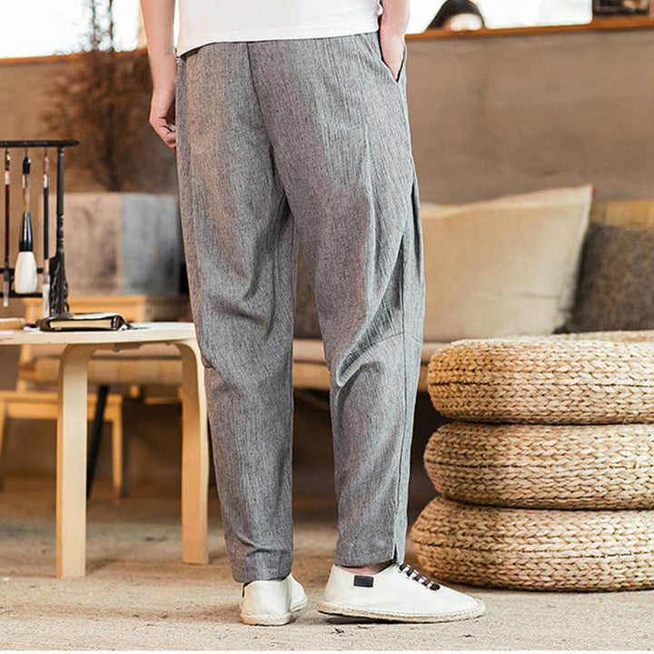 Pantaloni da uomo affusolati in lino tinta unita con coulisse e tasche Buddha Stones - image 14