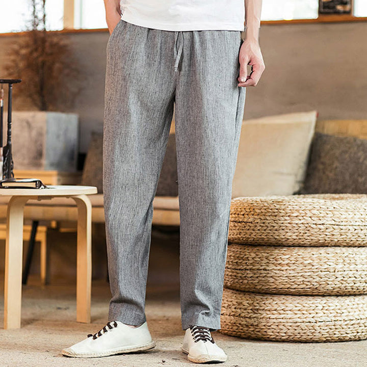 Pantaloni da uomo affusolati in lino tinta unita con coulisse e tasche Buddha Stones - image 15