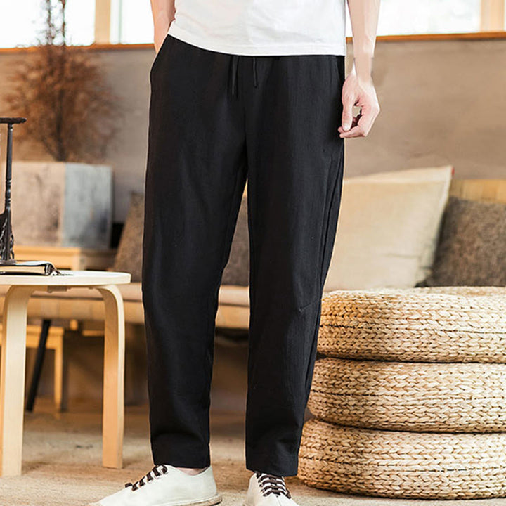 Pantaloni da uomo affusolati in lino tinta unita con coulisse e tasche Buddha Stones - image 22