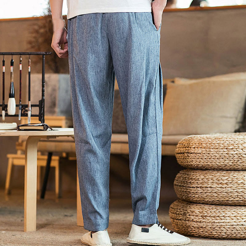 Pantaloni da uomo affusolati in lino tinta unita con coulisse e tasche Buddha Stones - image 30