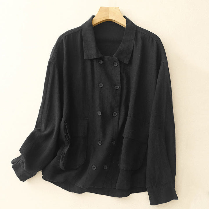 Giacca da donna in cotone e lino con maniche lunghe, design doppiopetto Buddha Stones e tasche - Nero - US14, UK/AU18, EU46 (2XL) - image 12