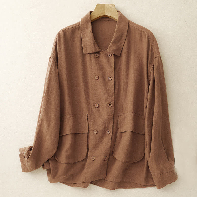 Giacca da donna in cotone e lino con maniche lunghe, design doppiopetto Buddha Stones e tasche - Cioccolato - US14, UK/AU18, EU46 (2XL) - image 7