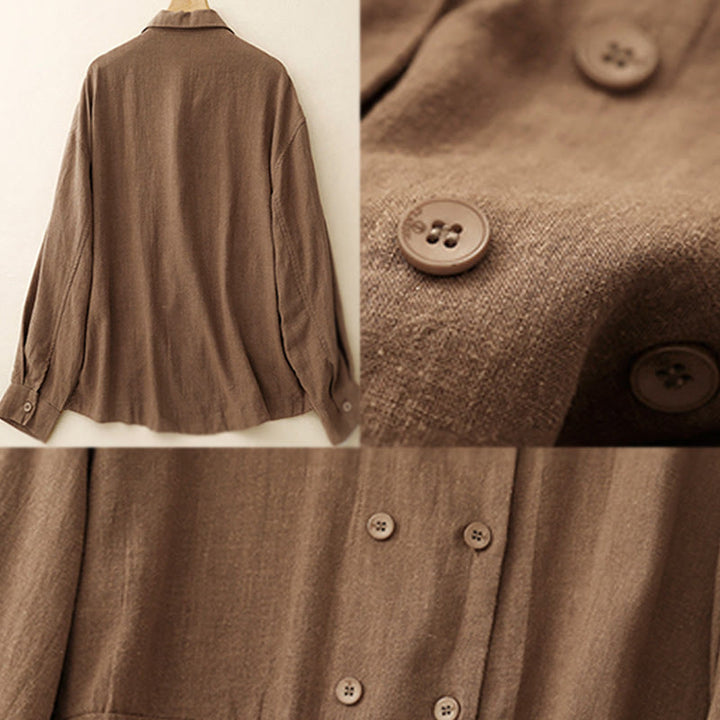 Giacca da donna in cotone e lino con maniche lunghe, design doppiopetto Buddha Stones e tasche - image 4