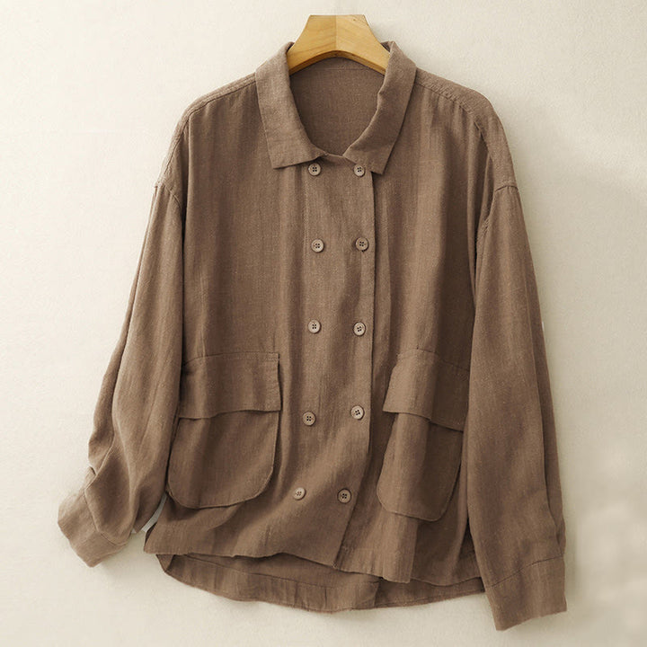 Giacca da donna in cotone e lino con maniche lunghe, design doppiopetto Buddha Stones e tasche - Perù - US14, UK/AU18, EU46 (2XL) - image 1