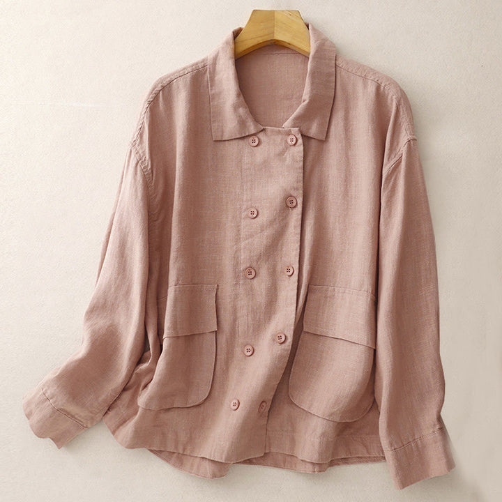 Giacca da donna in cotone e lino con maniche lunghe, design doppiopetto Buddha Stones e tasche - Salmone Scuro - US14, UK/AU18, EU46 (2XL) - image 17