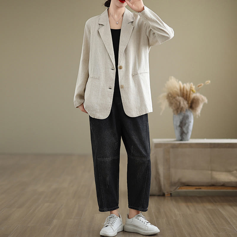 Giacca da donna in cotone e lino a maniche lunghe con tasche, tinta unita , Buddha Stones Spring - image 3