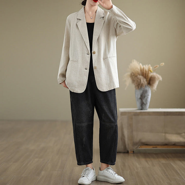 Giacca da donna in cotone e lino a maniche lunghe con tasche, tinta unita , Buddha Stones Spring - image 3