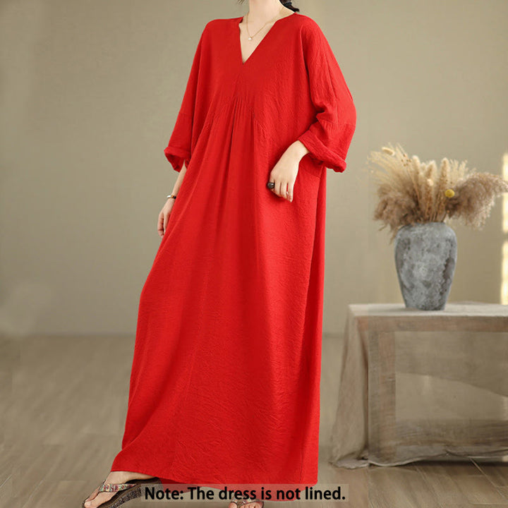Abito midi in cotone a maniche lunghe con scollo a V e colori puri Buddha Stones Fall - image 9