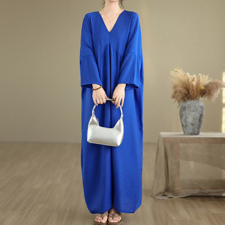 Abito midi in cotone a maniche lunghe con scollo a V e colori puri Buddha Stones Fall - image 16