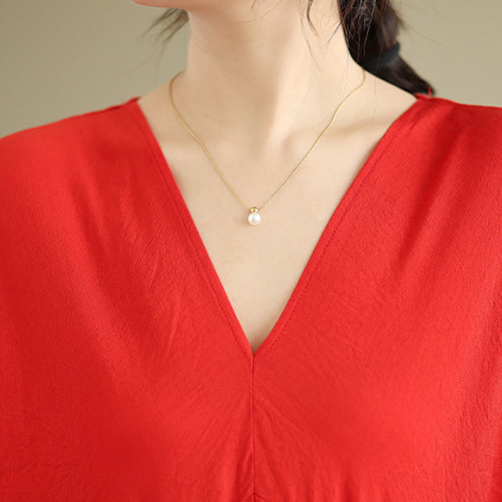 Abito midi in cotone a maniche lunghe con scollo a V e colori puri Buddha Stones Fall - image 9