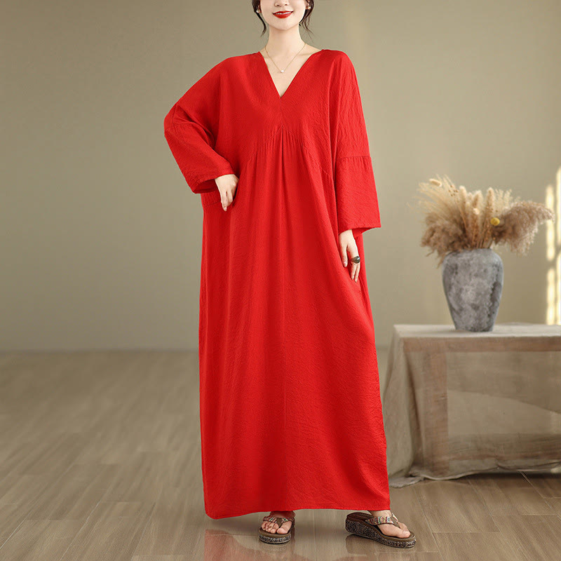 Abito midi in cotone a maniche lunghe con scollo a V e colori puri Buddha Stones Fall - Rosso - US4， UK/AU8，EU36-46(F) - image 8