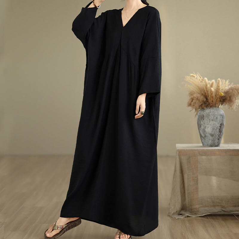 Abito midi in cotone a maniche lunghe con scollo a V e colori puri Buddha Stones Fall - image 3