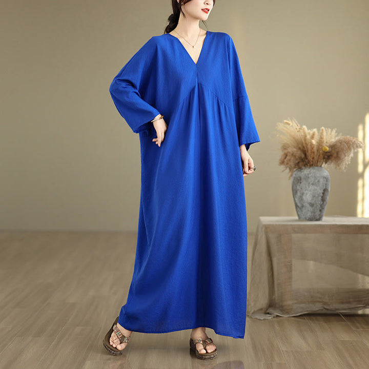 Abito midi in cotone a maniche lunghe con scollo a V e colori puri Buddha Stones Fall - Blu - US4， UK/AU8，EU36-46(F) - image 12