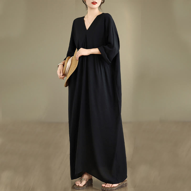 Abito midi in cotone a maniche lunghe con scollo a V e colori puri Buddha Stones Fall - image 4