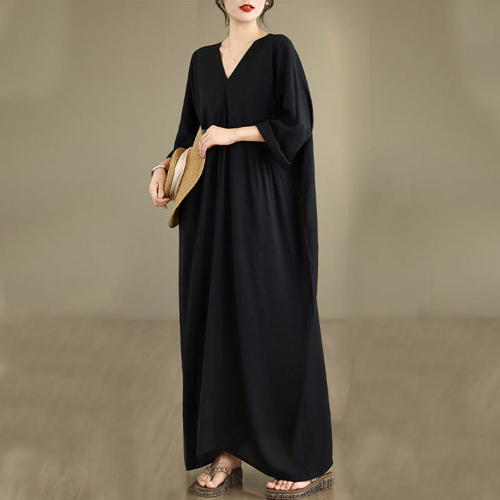 Abito midi in cotone a maniche lunghe con scollo a V e colori puri Buddha Stones Fall - image 4