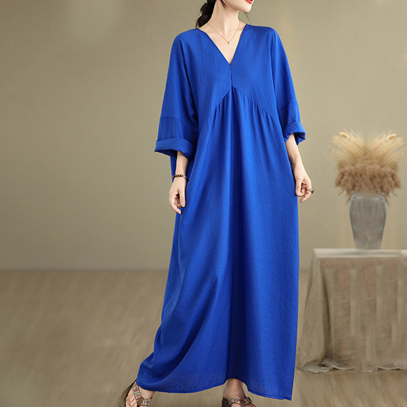 Abito midi in cotone a maniche lunghe con scollo a V e colori puri Buddha Stones Fall - image 15