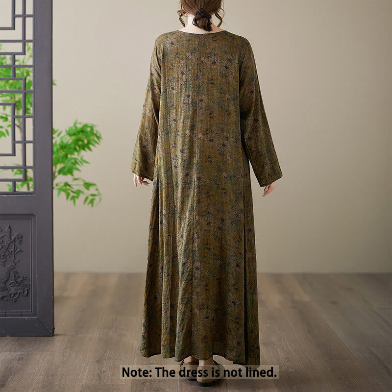 Abito lungo in cotone e lino con maniche lunghe, stampa floreale color oliva con Buddha Stones e tasche - image 2