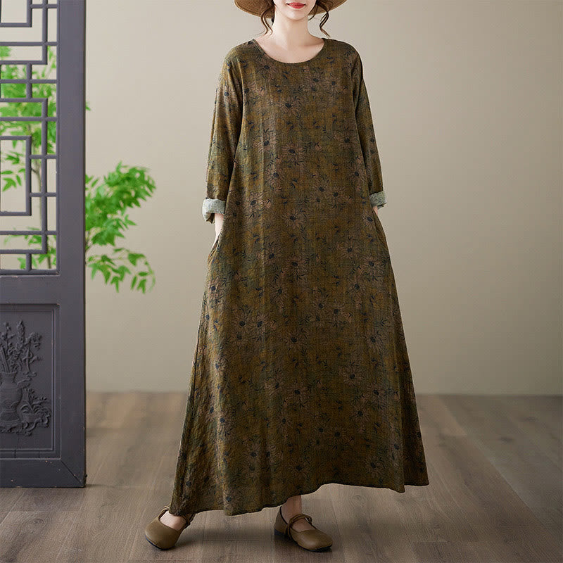 Abito lungo in cotone e lino con maniche lunghe, stampa floreale color oliva con Buddha Stones e tasche - Oliva - US14, UK/AU18, EU46 (3XL) - image 1