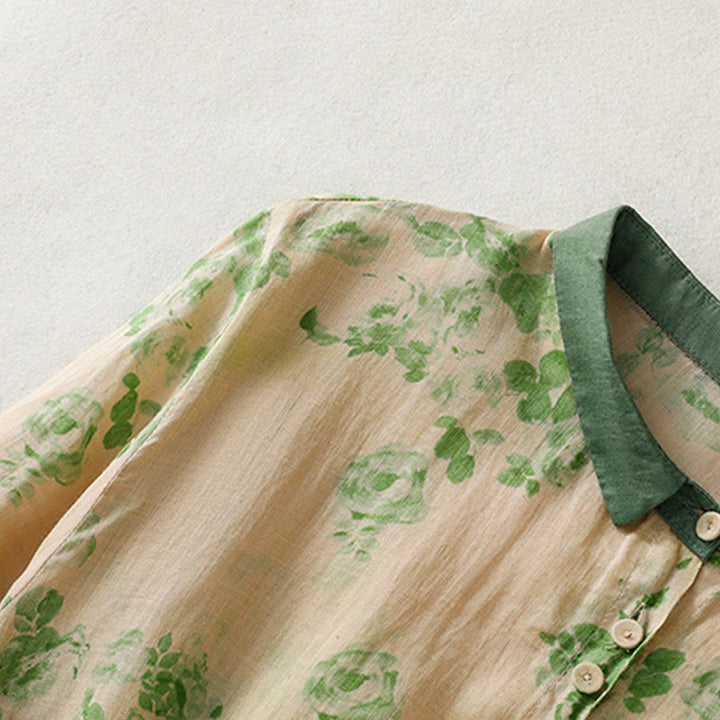 Abito midi in cotone con maniche corte, vita alta, coulisse, bottoni e tasche con stampa Buddha Stones - image 11