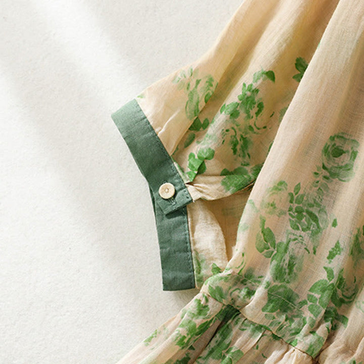 Abito midi in cotone con maniche corte, vita alta, coulisse, bottoni e tasche con stampa Buddha Stones - image 12