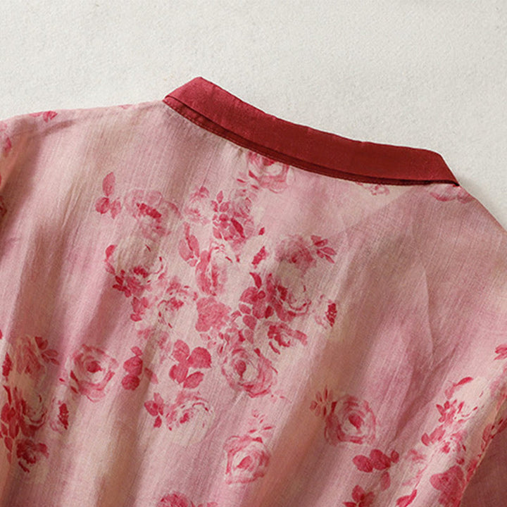 Abito midi in cotone con maniche corte, vita alta, coulisse, bottoni e tasche con stampa Buddha Stones - image 3