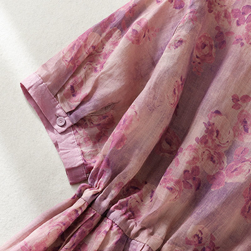 Abito midi in cotone con maniche corte, vita alta, coulisse, bottoni e tasche con stampa Buddha Stones - image 25