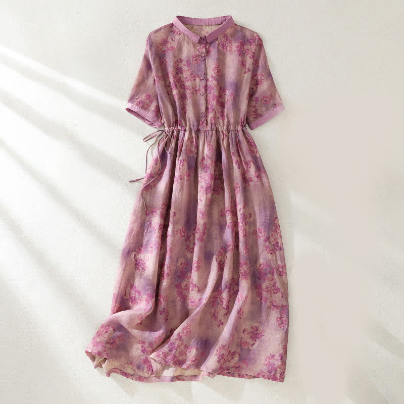 Abito midi in cotone con maniche corte, vita alta, coulisse, bottoni e tasche con stampa Buddha Stones - RossoViolaPale - US8-10, UK/AU12-14, EU40-42 (2XL) - image 20