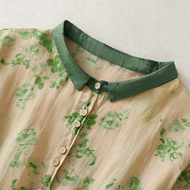 Abito midi in cotone con maniche corte, vita alta, coulisse, bottoni e tasche con stampa Buddha Stones - image 9