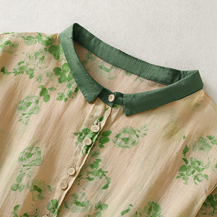 Abito midi in cotone con maniche corte, vita alta, coulisse, bottoni e tasche con stampa Buddha Stones - image 9