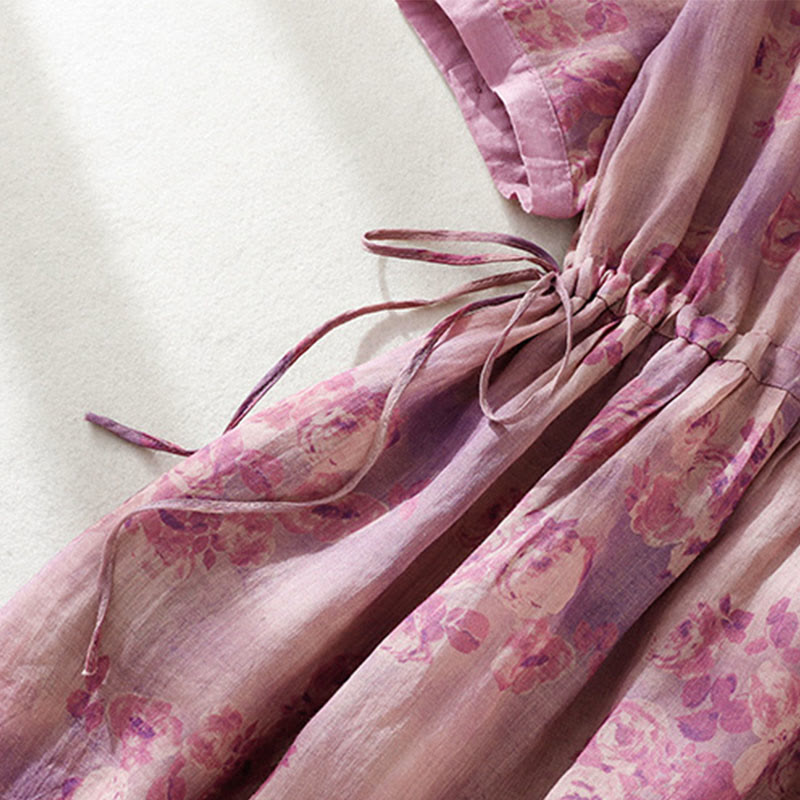 Abito midi in cotone con maniche corte, vita alta, coulisse, bottoni e tasche con stampa Buddha Stones - image 26