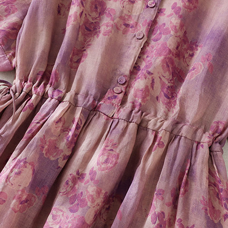 Abito midi in cotone con maniche corte, vita alta, coulisse, bottoni e tasche con stampa Buddha Stones - image 24