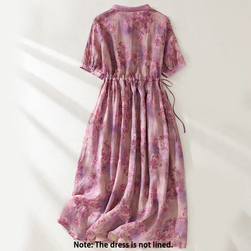 Abito midi in cotone con maniche corte, vita alta, coulisse, bottoni e tasche con stampa Buddha Stones - image 21