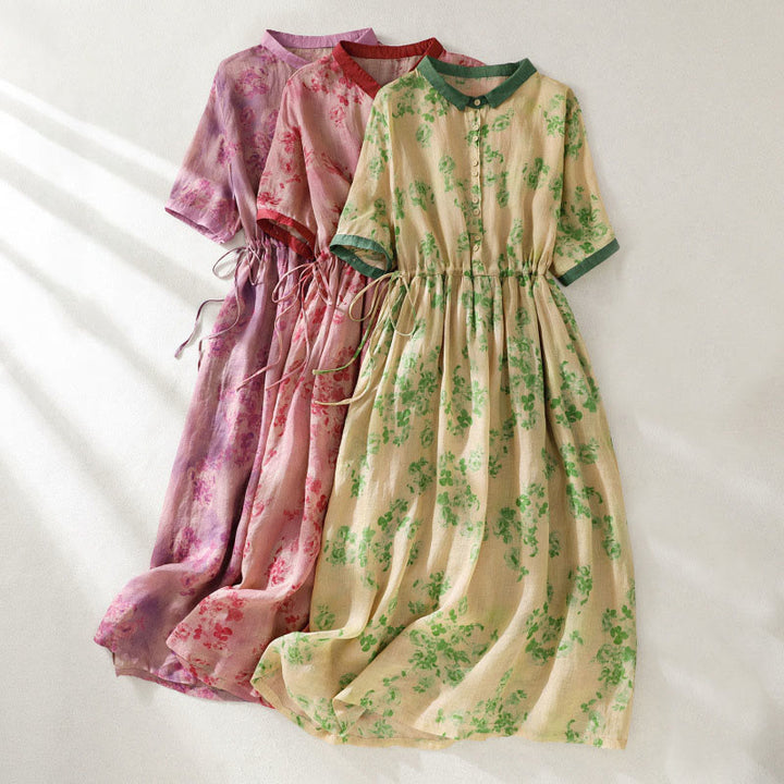 Abito midi in cotone con maniche corte, vita alta, coulisse, bottoni e tasche con stampa Buddha Stones - image 28