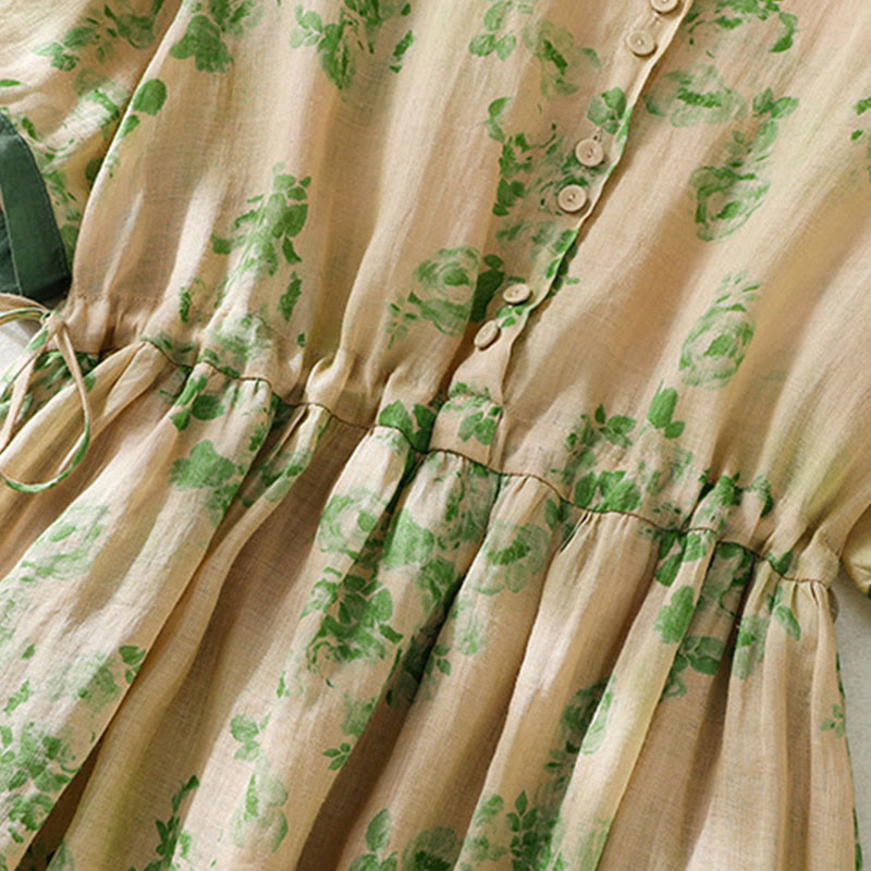 Abito midi in cotone con maniche corte, vita alta, coulisse, bottoni e tasche con stampa Buddha Stones - image 15