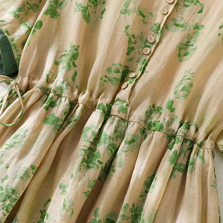 Abito midi in cotone con maniche corte, vita alta, coulisse, bottoni e tasche con stampa Buddha Stones - image 15