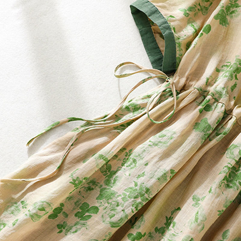 Abito midi in cotone con maniche corte, vita alta, coulisse, bottoni e tasche con stampa Buddha Stones - image 14