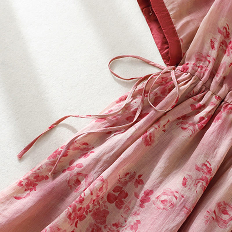 Abito midi in cotone con maniche corte, vita alta, coulisse, bottoni e tasche con stampa Buddha Stones - image 4